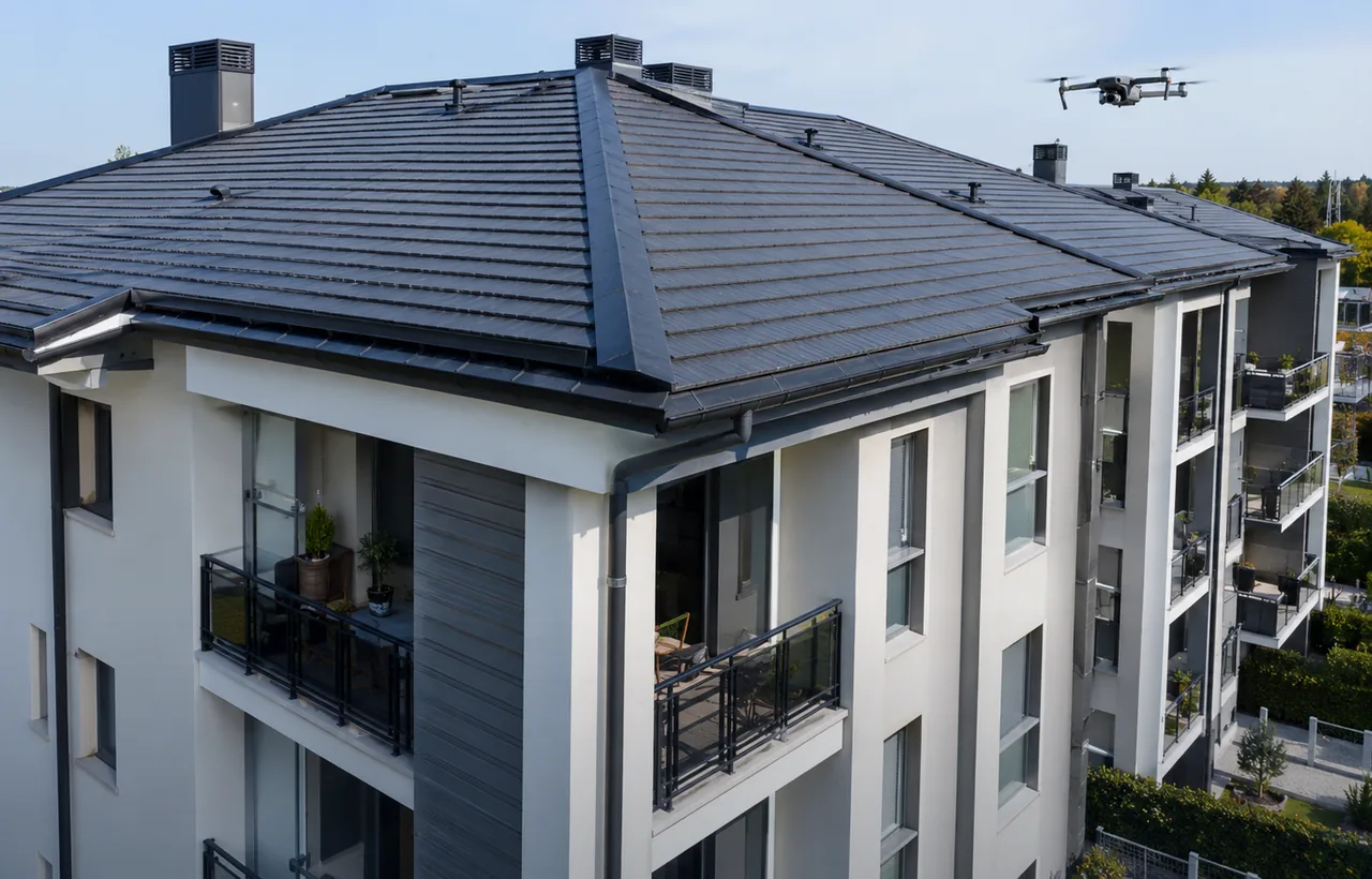 Ispezione drone di tetto e facciata condominiale