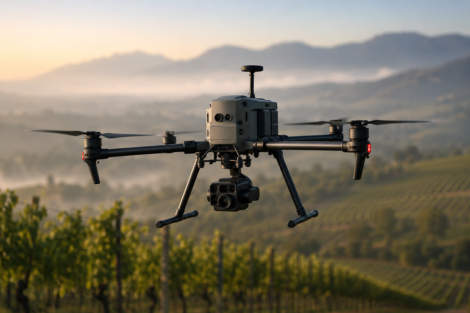 Drone professionale in volo su vigneto