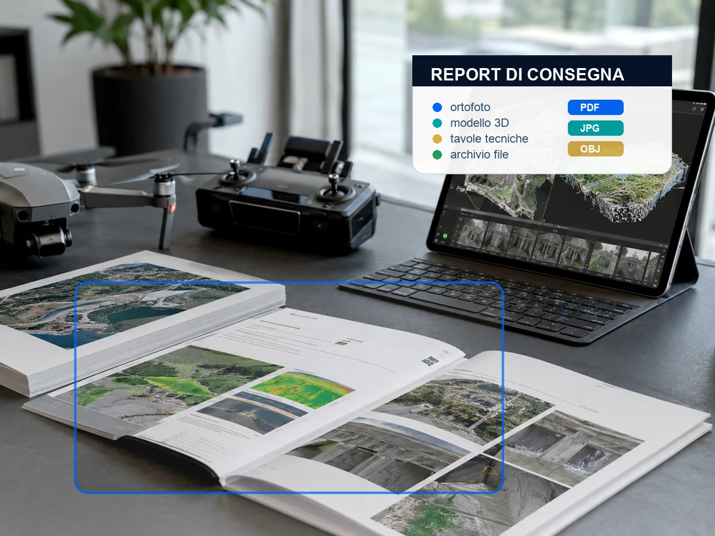 Report di consegna fotogrammetrico con tavole, drone e modello digitale