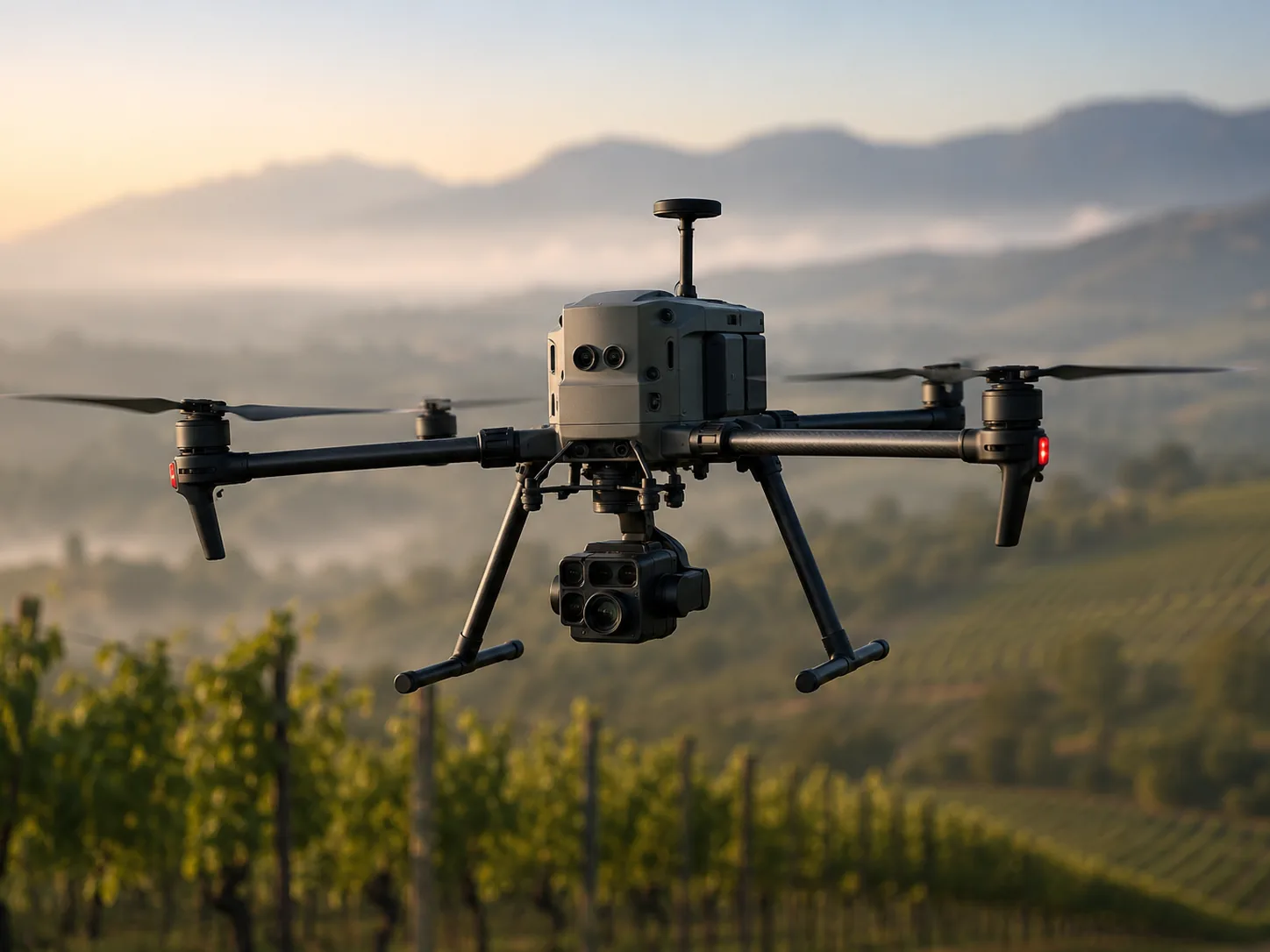 Drone professionale in volo durante una missione di acquisizione dati